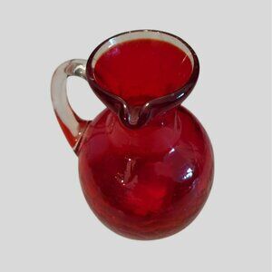 Vintage Ruby Red Amberina Glass Mini Pitcher Vase With Clear Handle